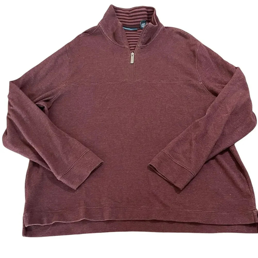 Perry Ellis Size XXL‎ Maroon Thin Striped 3-Quarter Zip Top Long Sleeve Causal